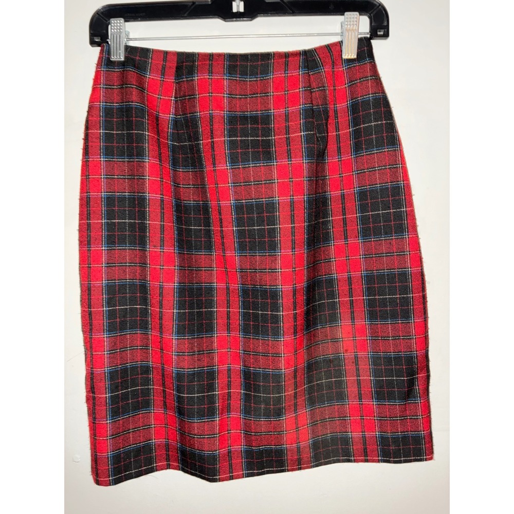 Christy Girl Pencil Skirt Womens 8 Red Plaid Tartan High Waist Vintage Slit